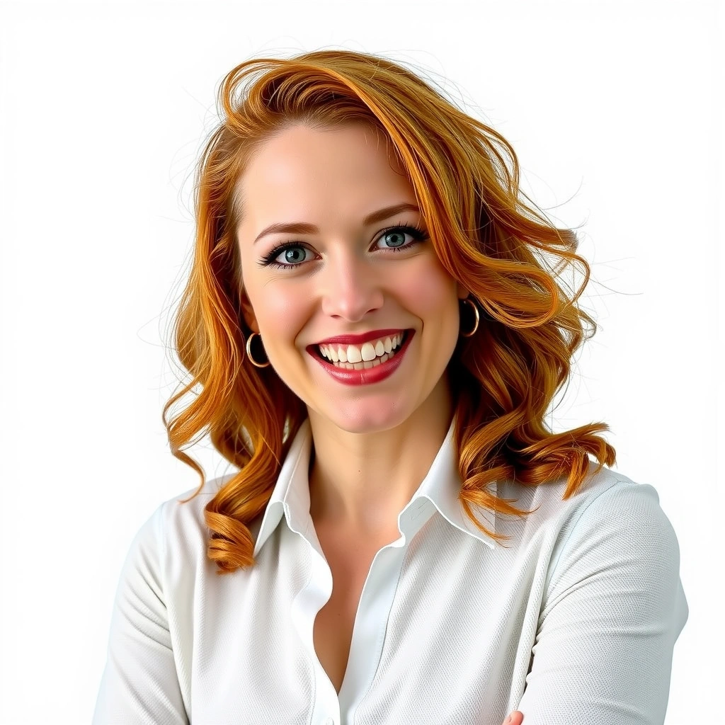 Professional headshot of Sarah Jenkins, a vibrant woman with curly red hair and an engaging smile, wearing a professional blouse.