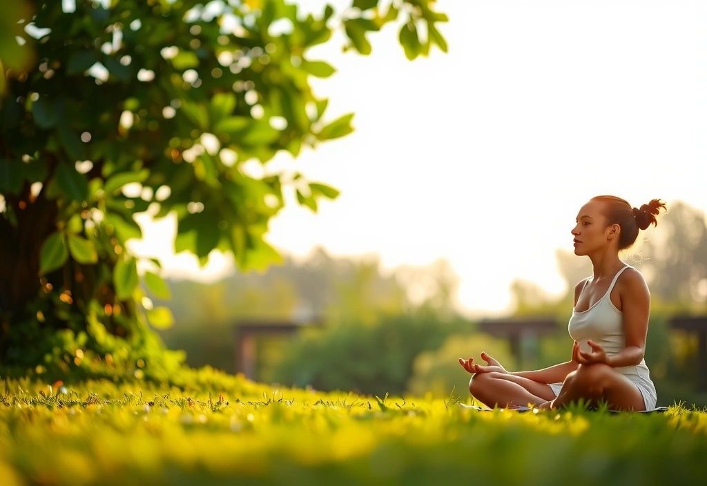 A person meditating peacefully in a sunny, green garden, promoting mindful living.