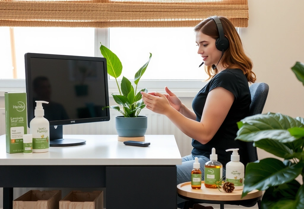 A friendly customer service representative answering questions on a computer, surrounded by herbal products.