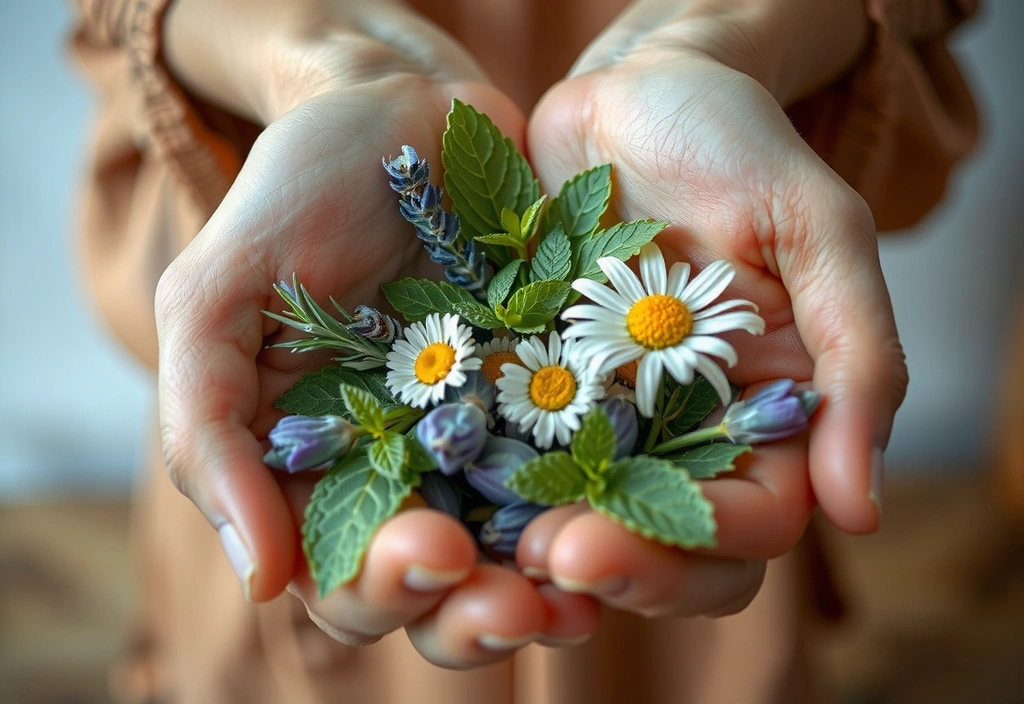Hand gently holding a selection of fresh, vibrant herbs and botanicals