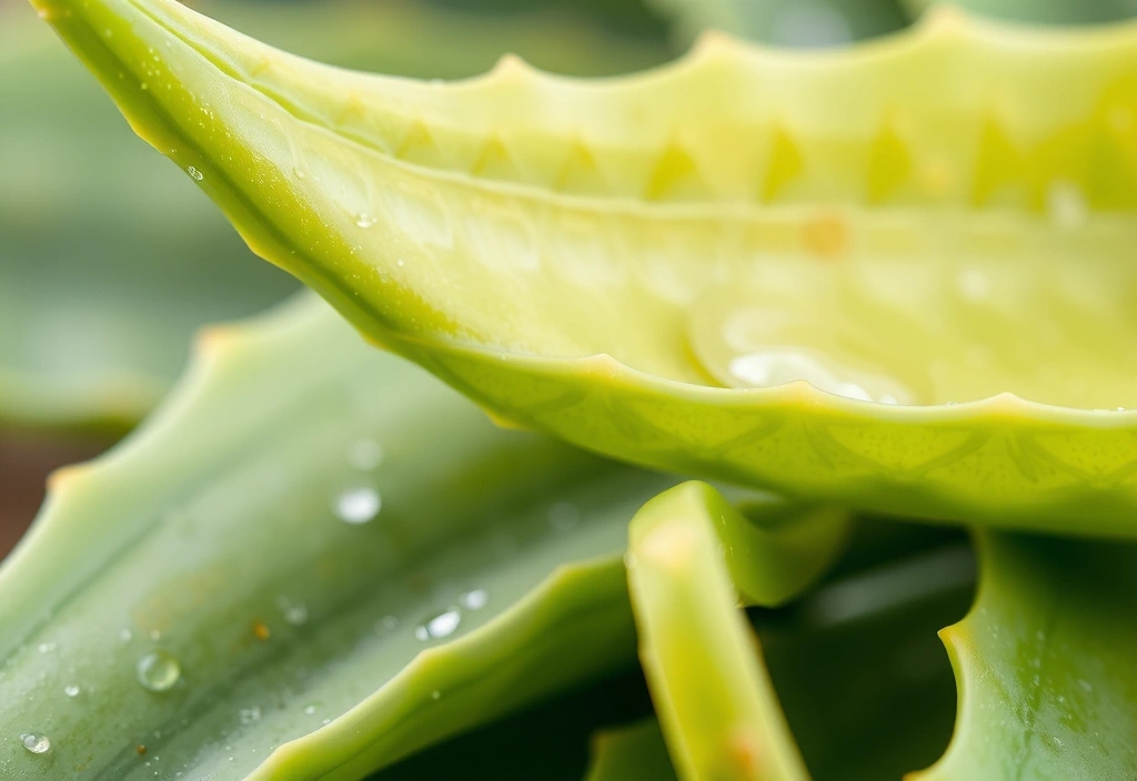 Close-up of fresh, succulent Aloe Vera leaves with gel visible, showing its natural hydrating properties.