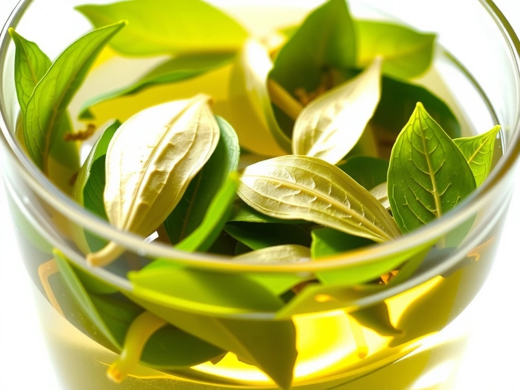 Green tea leaves steeping in hot water.